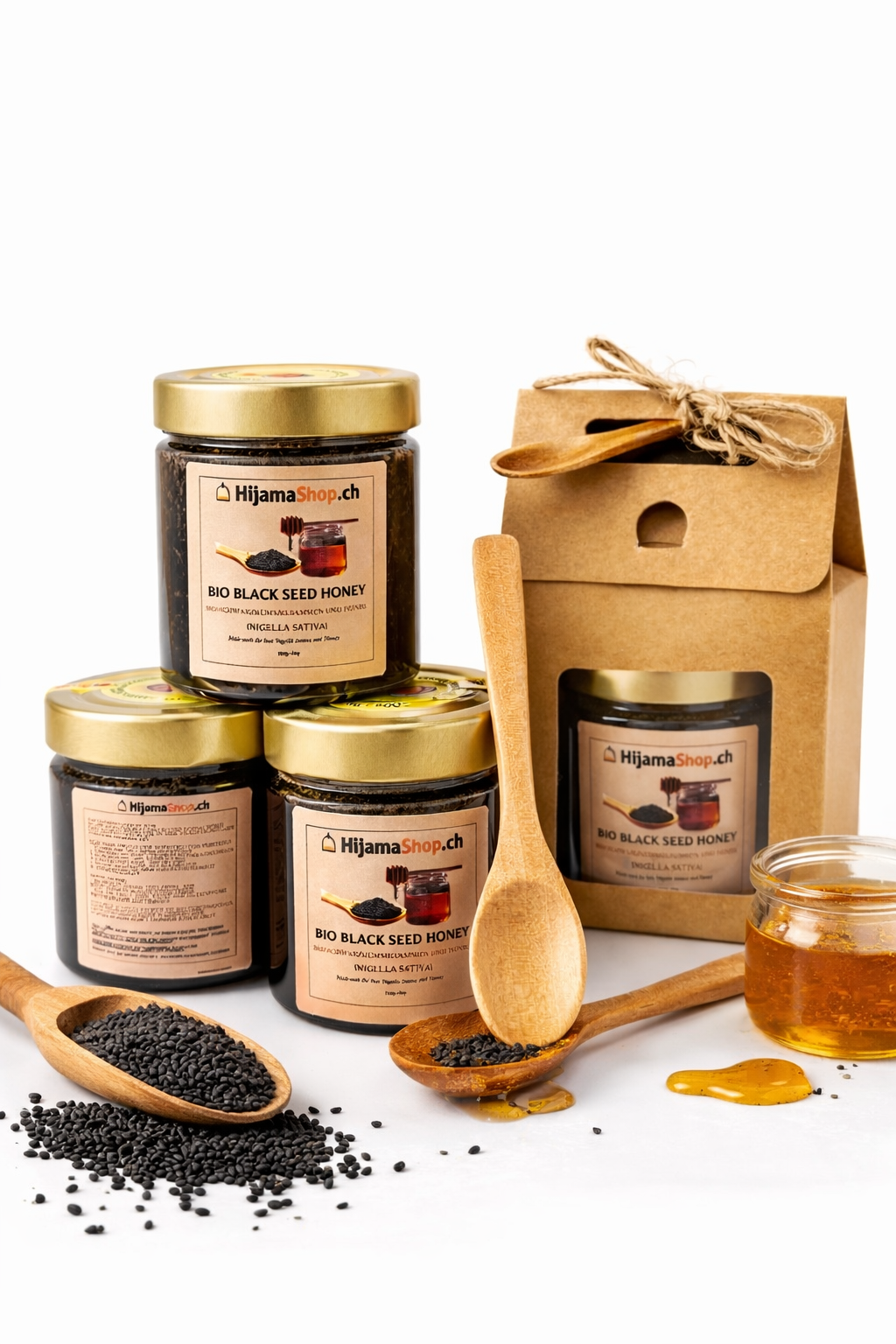 Bio-Schwarzkümmelsamen mit Bio-Honig – 240 g (Inklusive Holzlöffel)